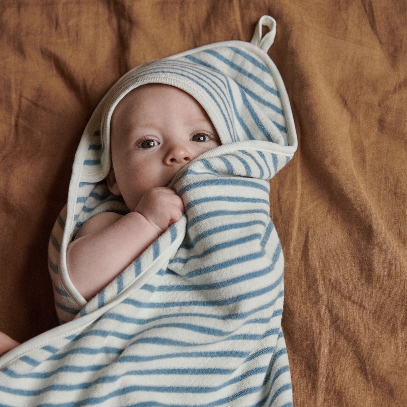 ORG COTTON HOODED TOWEL | Powder Blue Sailor Stripe-Web-hover